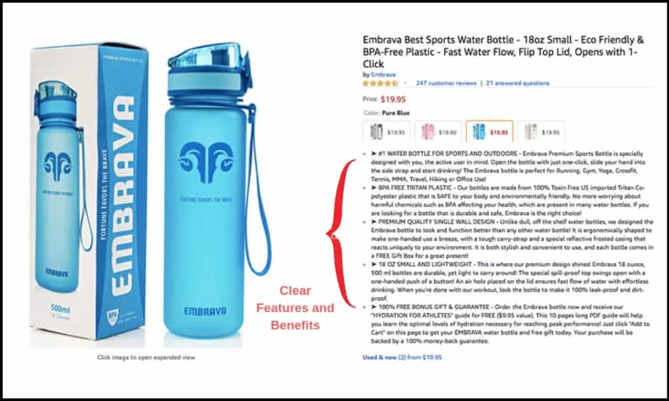 product features and benefits listing in bullet points