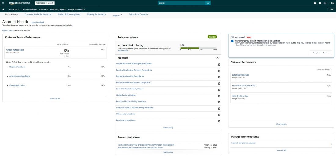 amazon seller central account health