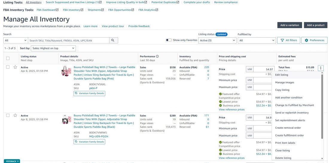 amazon seller central variation details