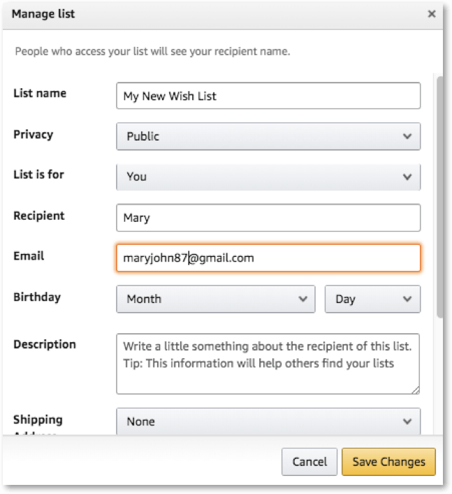 Amazon wishlist shipping address