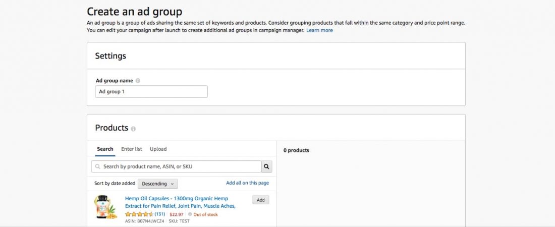 creating adgroup for amazon sponsored product ads