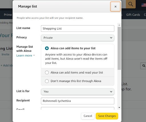 Amazon wish list shipping address