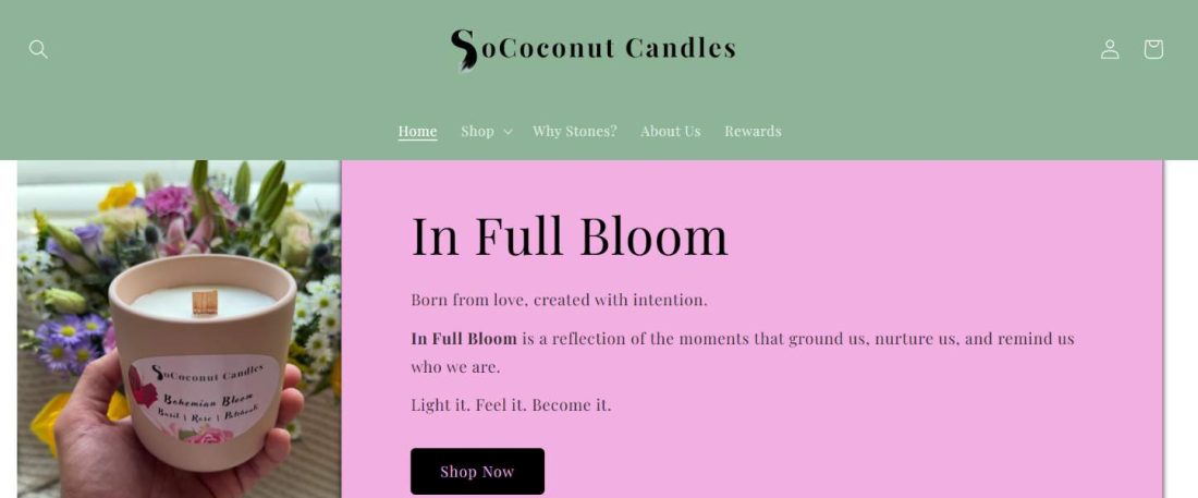 Soy and coconut wax candles with specific mood or moment positioning