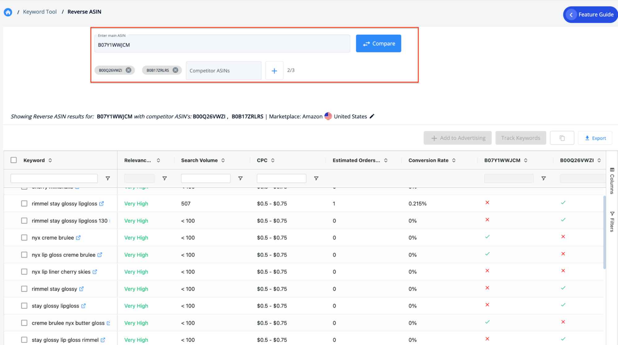 SellerApp Dashboard Reverse ASIN keyword research