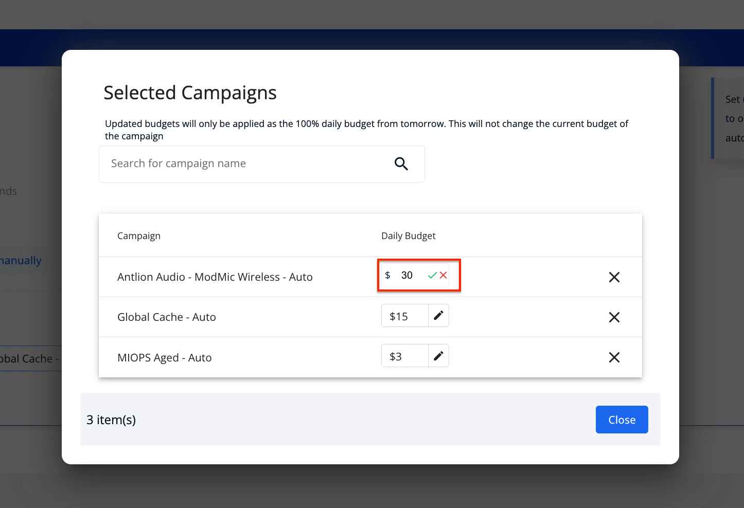 Edit bids on selected campaigns