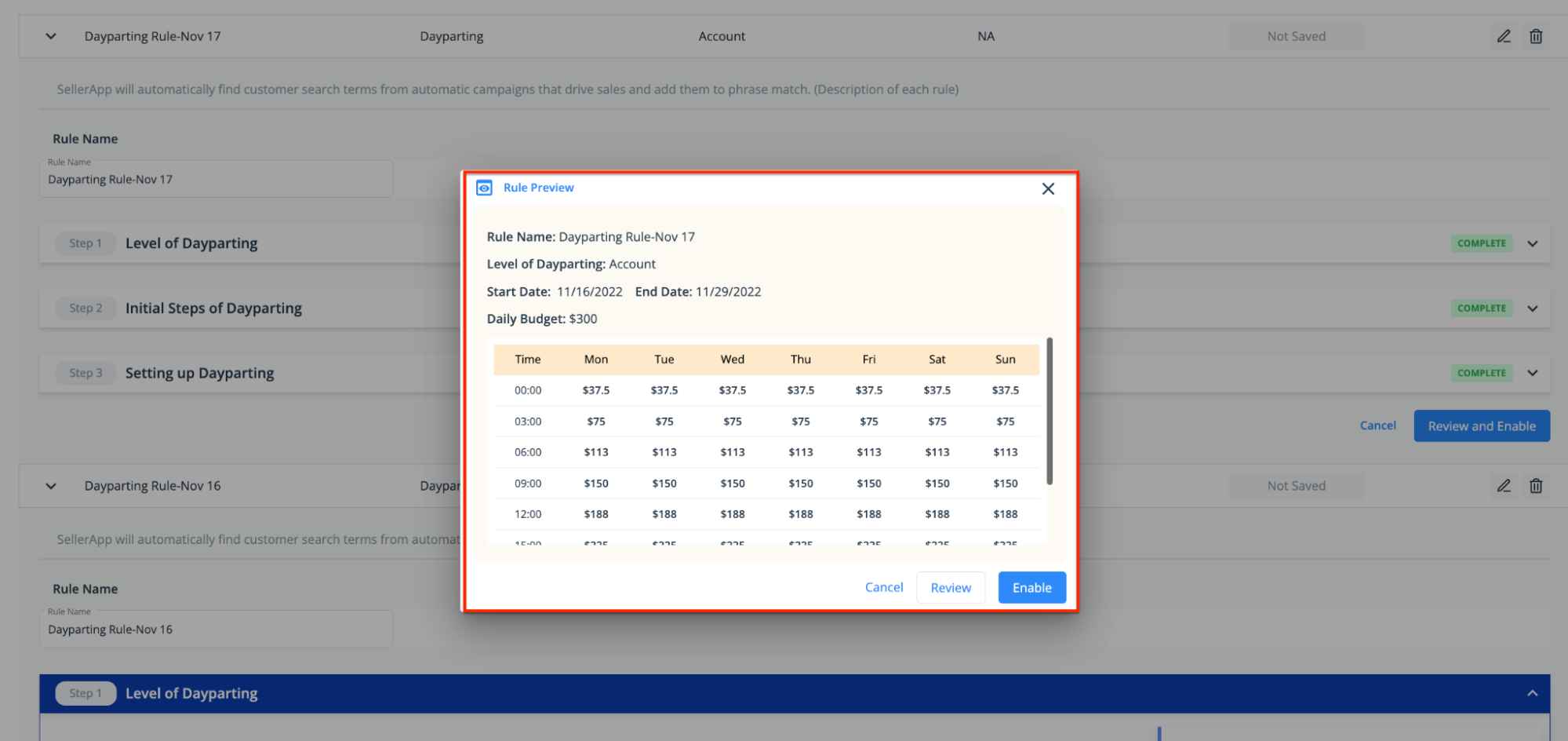 Review and enable dayparting rule