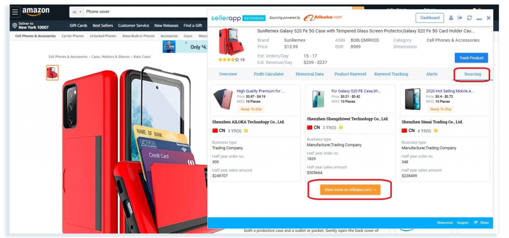 SellerApp product sourcing tool on a product page