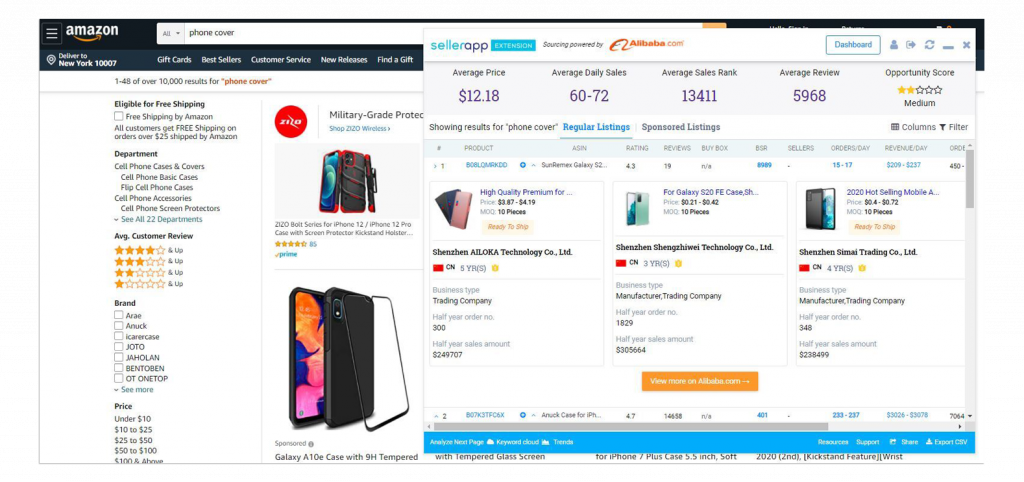 SellerApp product sourcing tool on a search results page