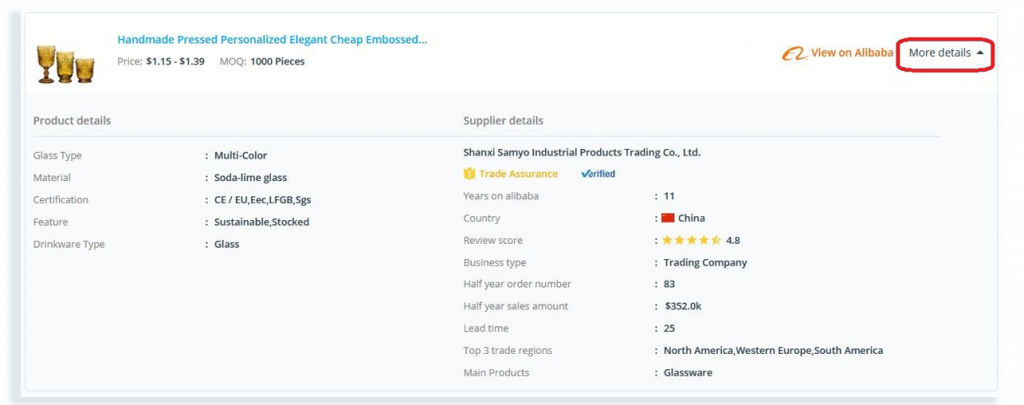 Detailed overview of a search result on the SellerApp product sourcing tool