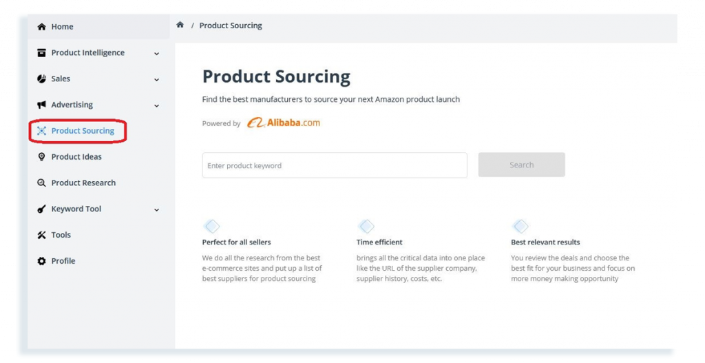 Product sourcing tool SellerApp dashboard