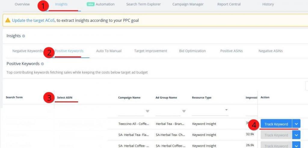 Keyword tracking on the SellerApp dashboard 