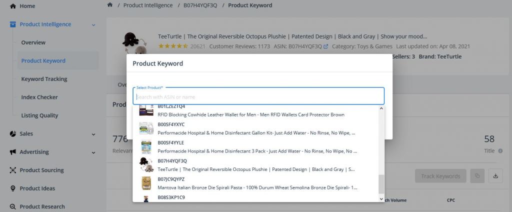 SellerApp Dashboard: Finding product keywords