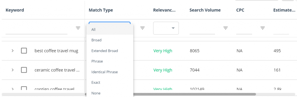 keyword match types