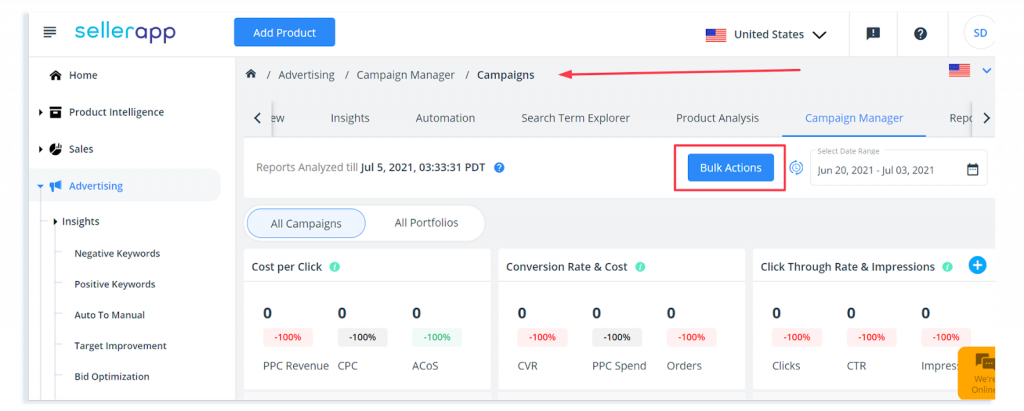 sellerapp amazon bulk actions feature