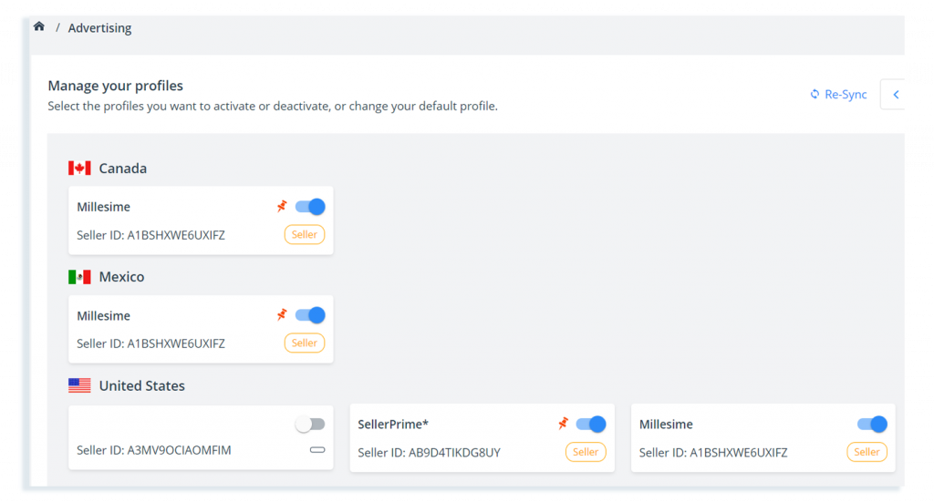 SellerApp advertising - manage profiles